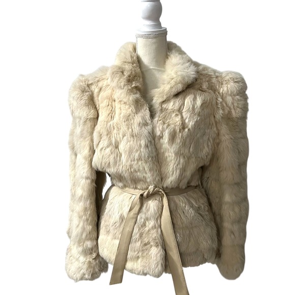 Wilsons Leather Vintage Cream Rabbit Fur Belted Jacket Size M - Picture 3 of 11